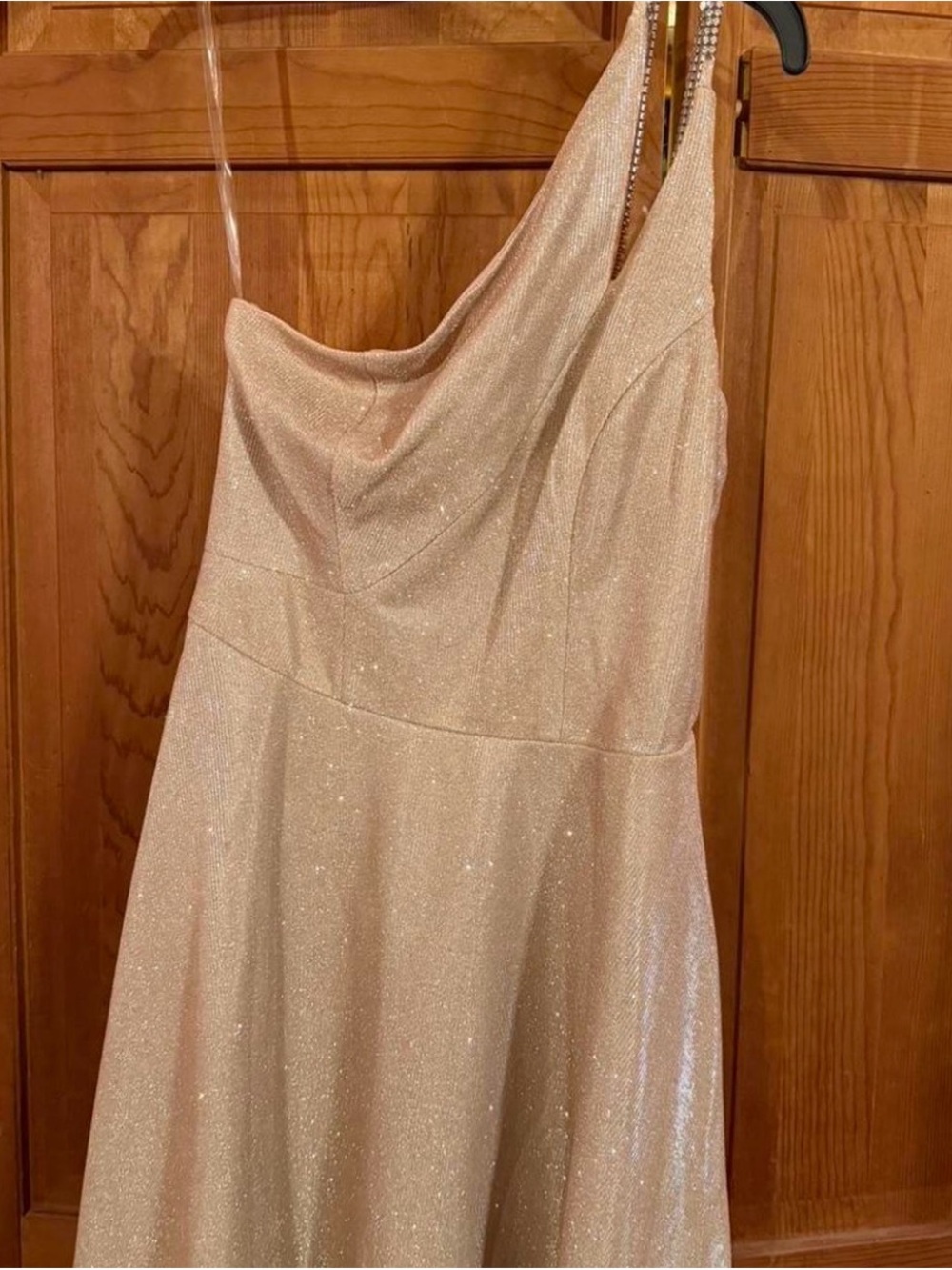 One-Shoulder Sparkle Evening Dress in Blush Pink